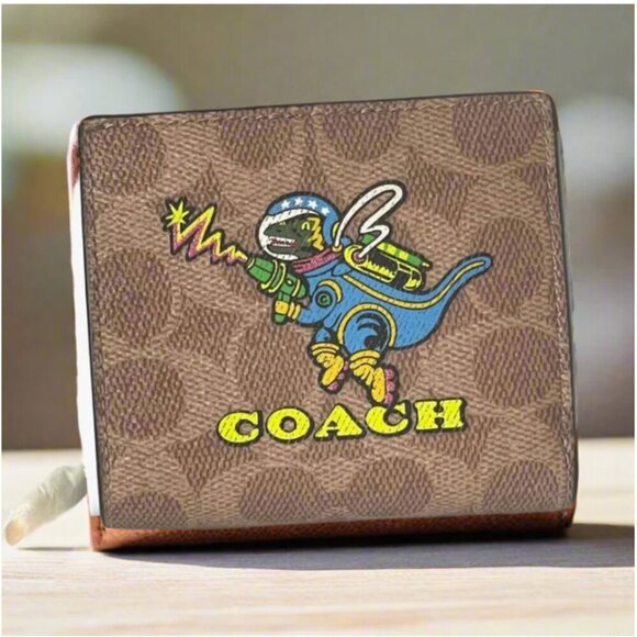 Coach Rexy Cosmic Snap Wallet Signature Canvas Brown ID Coin Zip CW463 Dinosaur - Picture 1 of 12